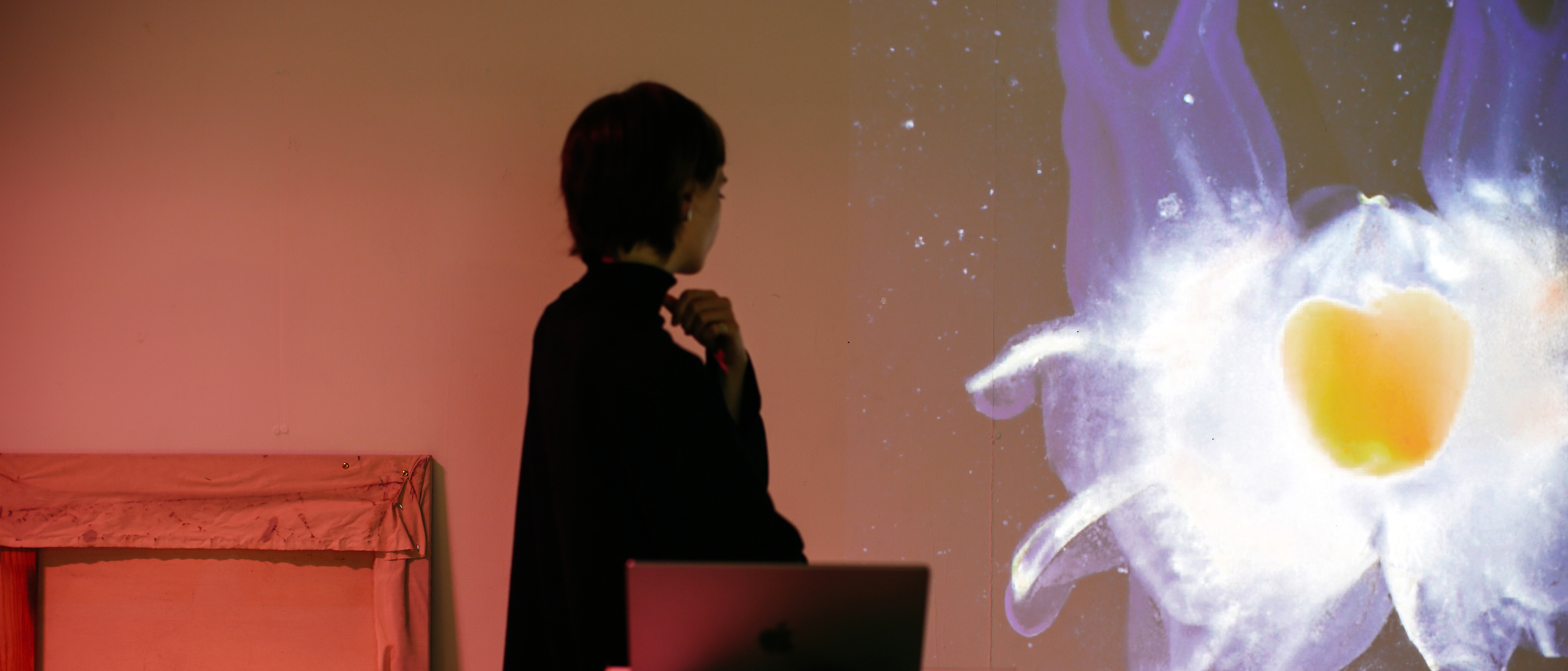 A student is looking at the wall at a piece of artwork which depicts a flower-like projection on the wall with hues of yellow, white and purple