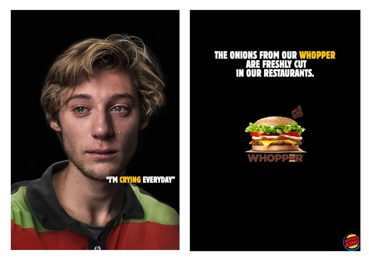 Two posters for Burger King. Left has a photo of a crying employee with the caption 