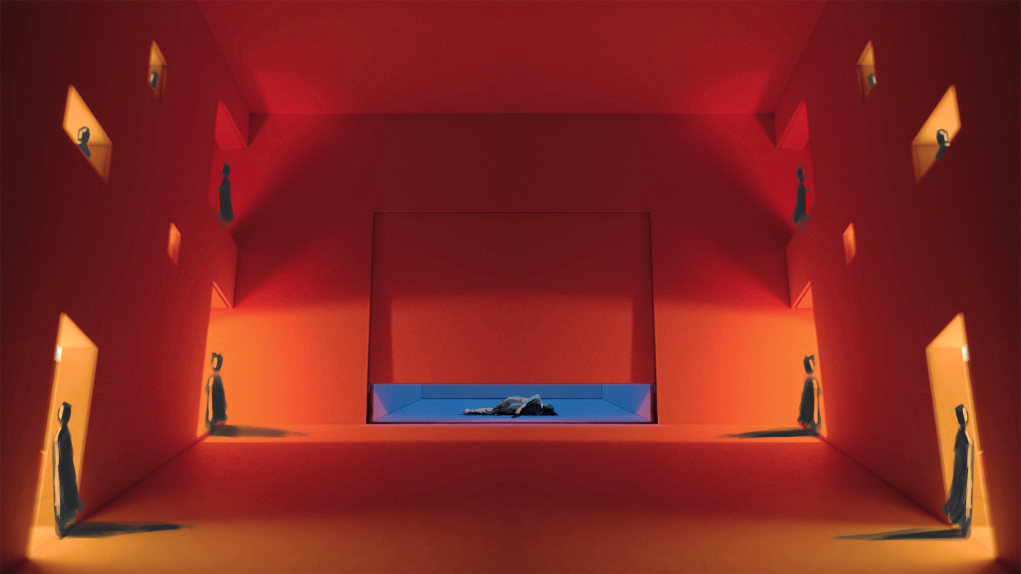 Set design drawing by Tianyu Bian of stage with doorways and windows on each side with people in them with a blue bed like structure at centre of stage with a person lying down.
