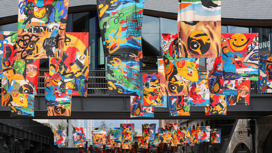 Colourful flag installation in London.