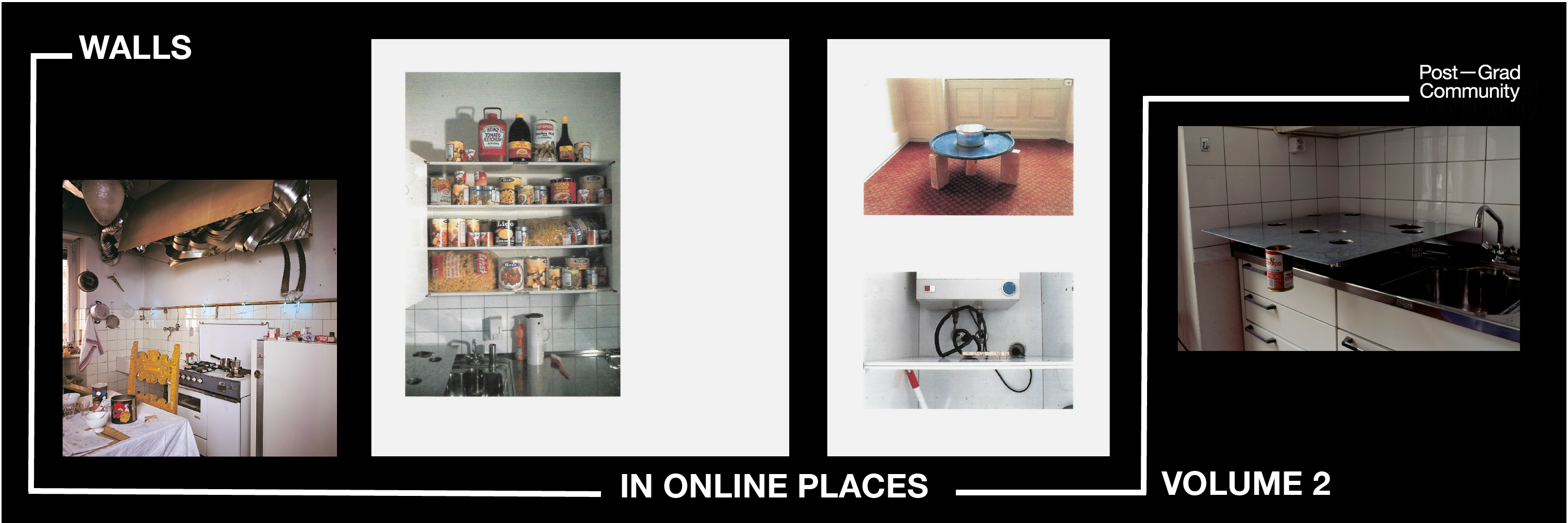 Walls in online places with a series of images from an exhibition set up in a 80s kitchen