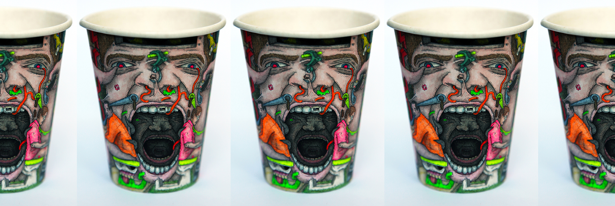 Drawing on paper cups by Paul Westcombe.