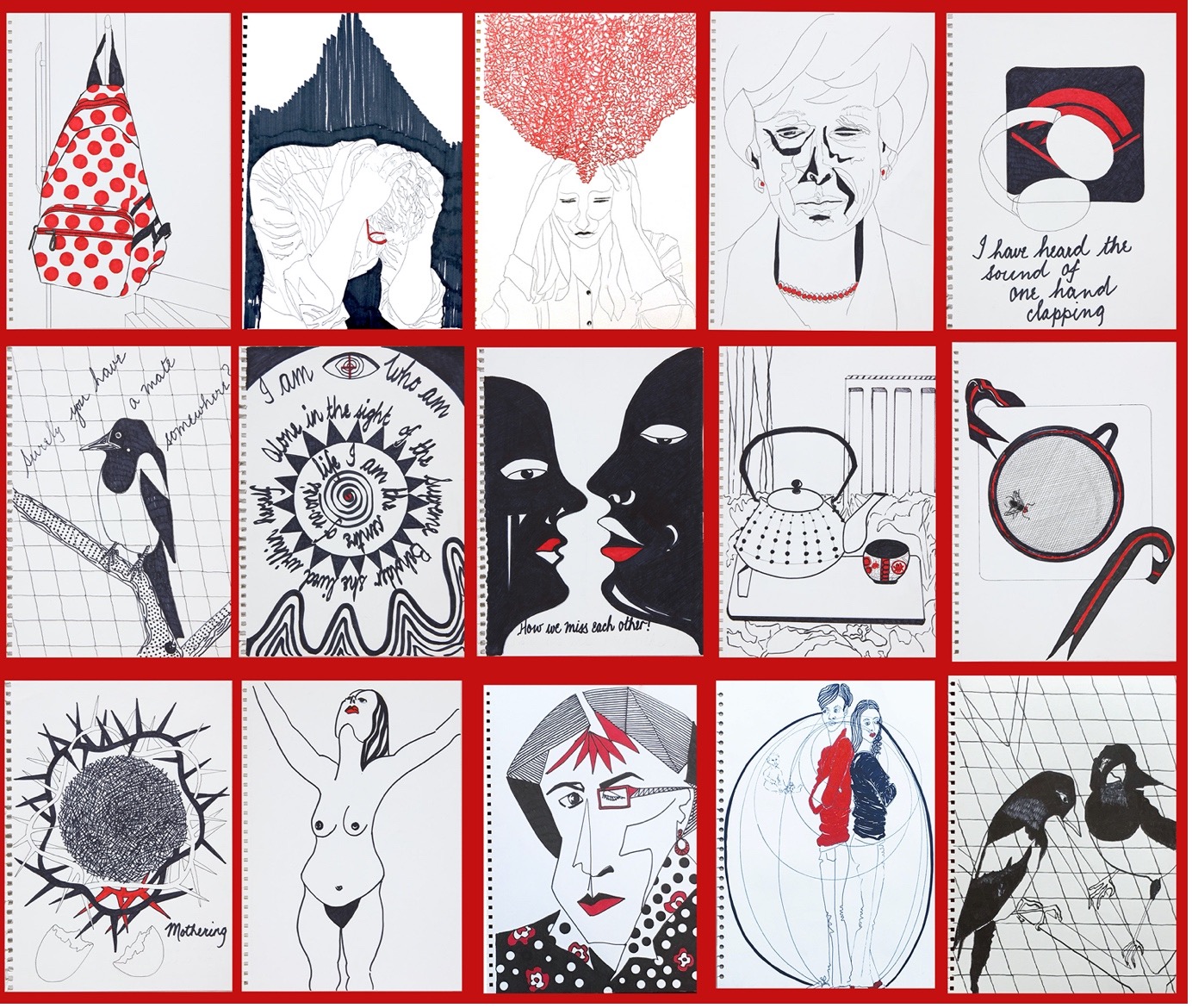 A series of 15 paintings all using red, white and black