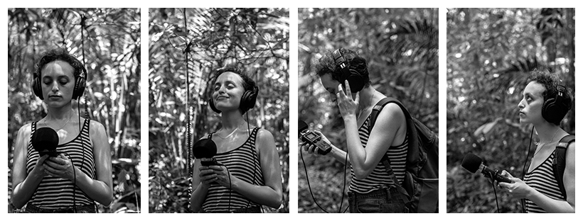 Yifeat Ziv in 4 separate images holding mic in rainforest