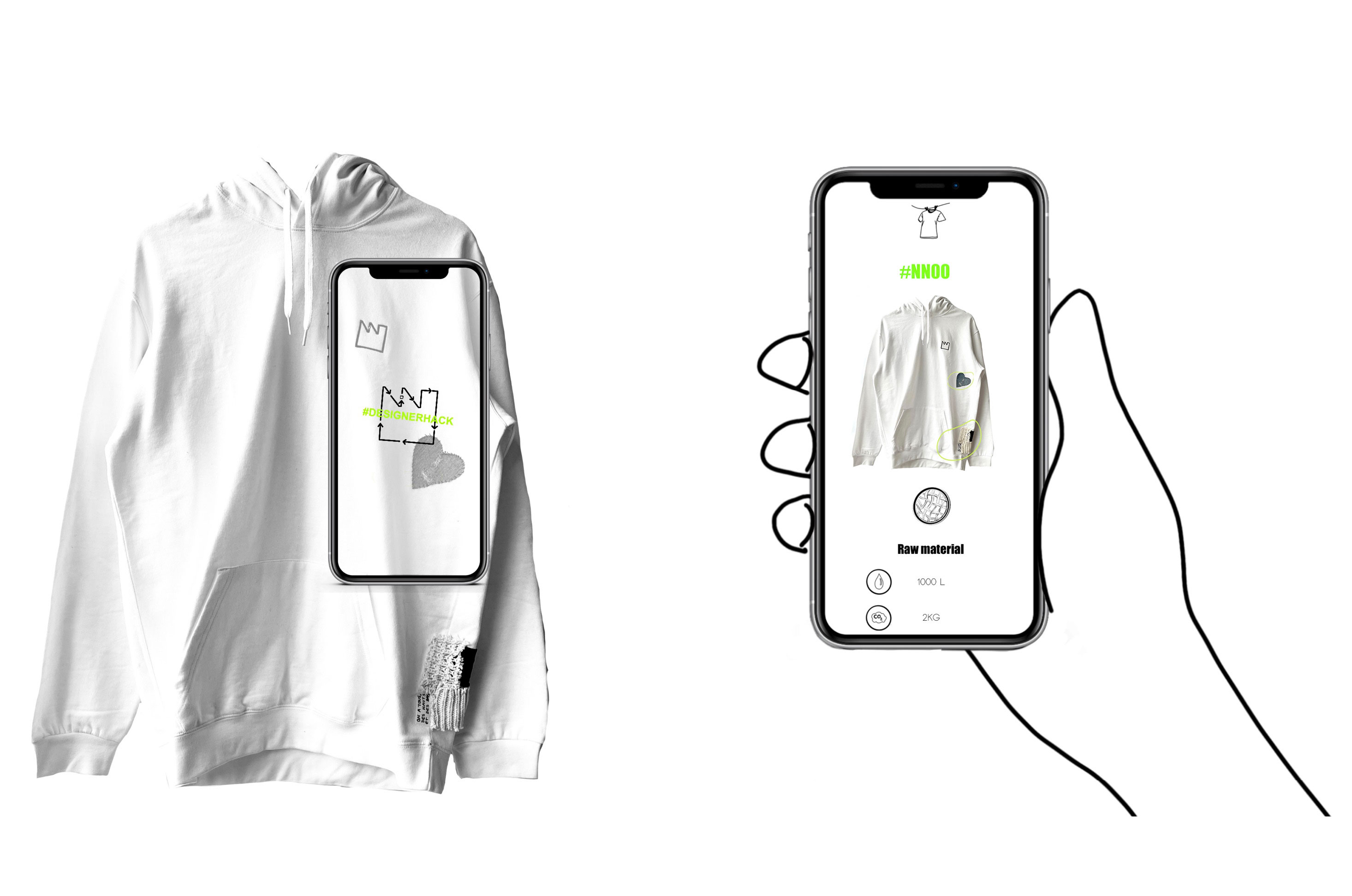 Composite images of hand holding phone pointing at garment to reveal production information