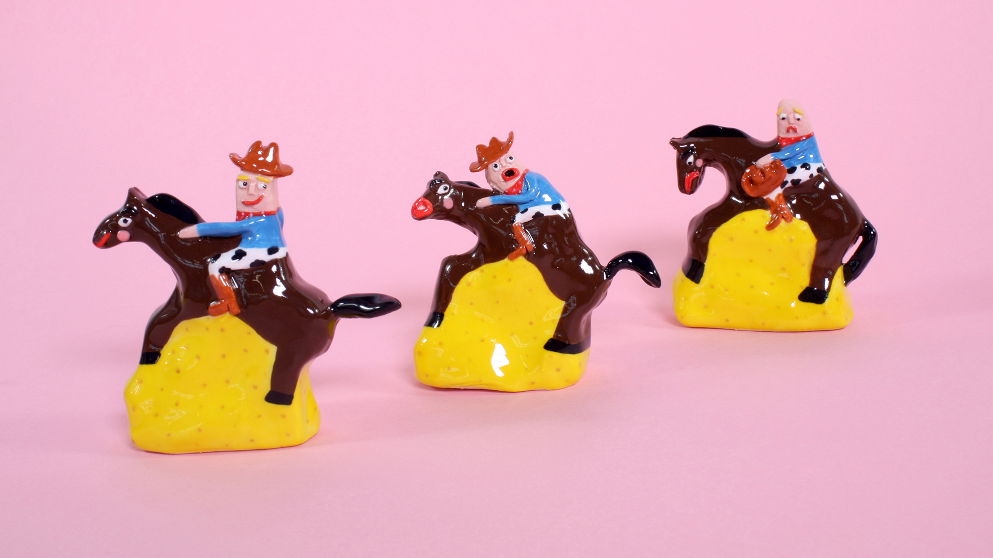 Colourful ceramic cowboys on horses by Naomi Anderson-Subryan.