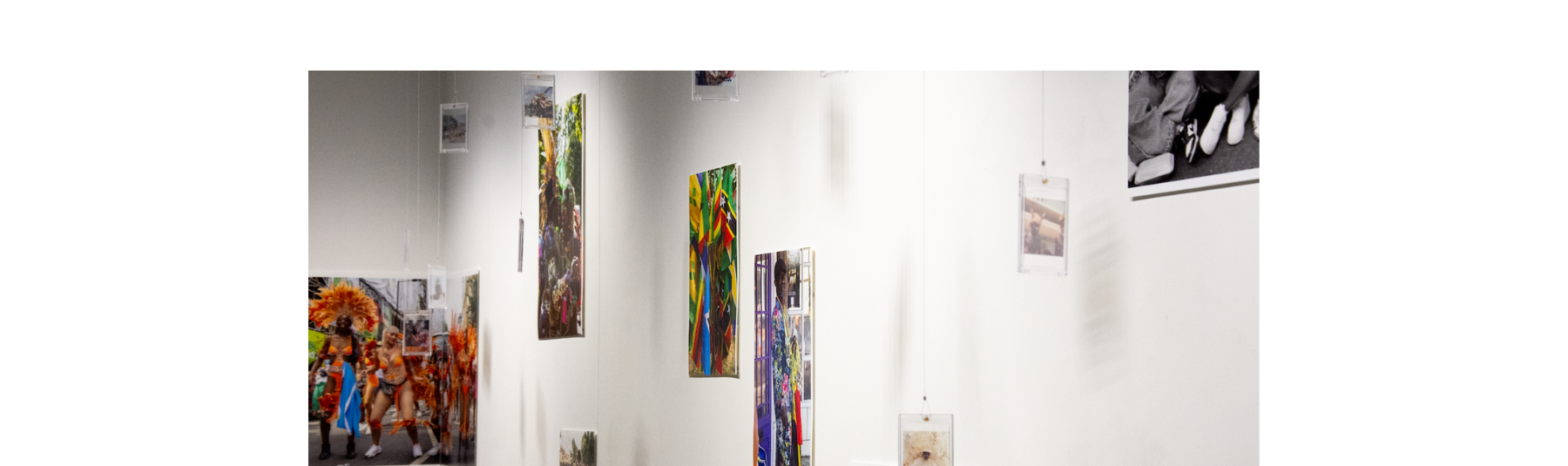 Hanging and pinned up photographic works in different sizes, orientations, colours and formats are on display in an exhibition. Overall they suggest a theme of Carnival.