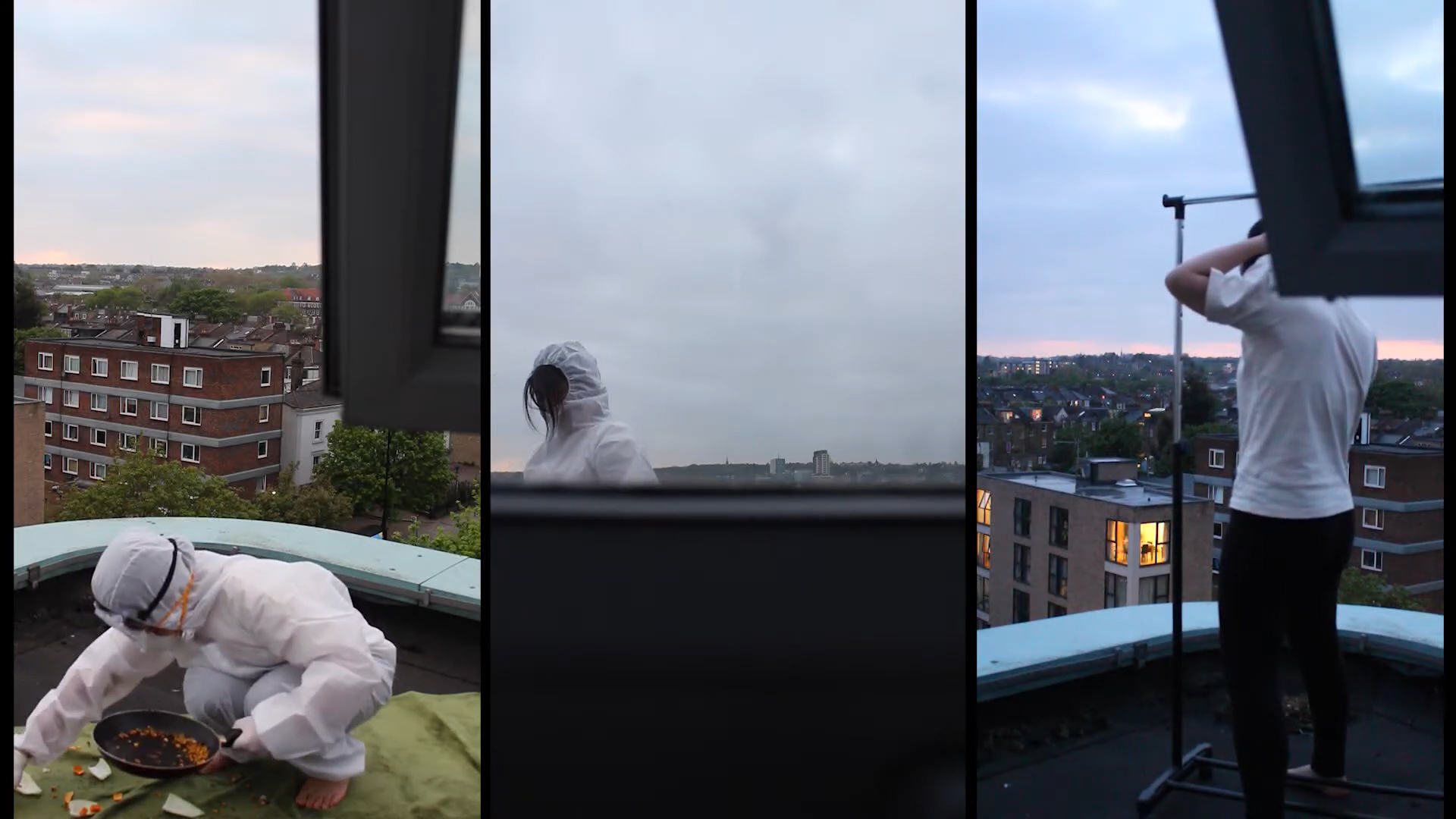 girl on a balcony wearing a paper scientist suit investigating performance