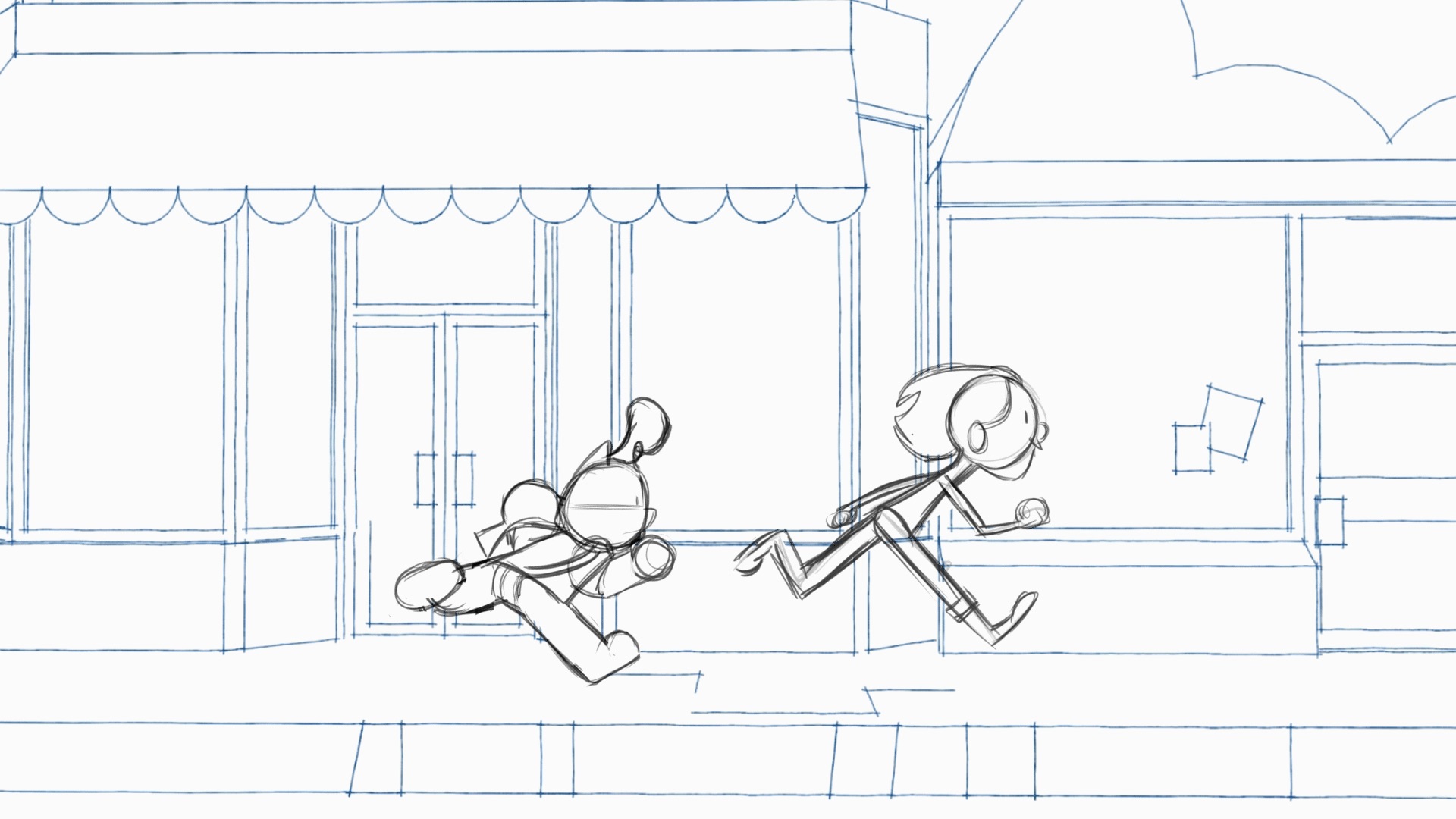 Screenshot from test animation of stick men running on a street