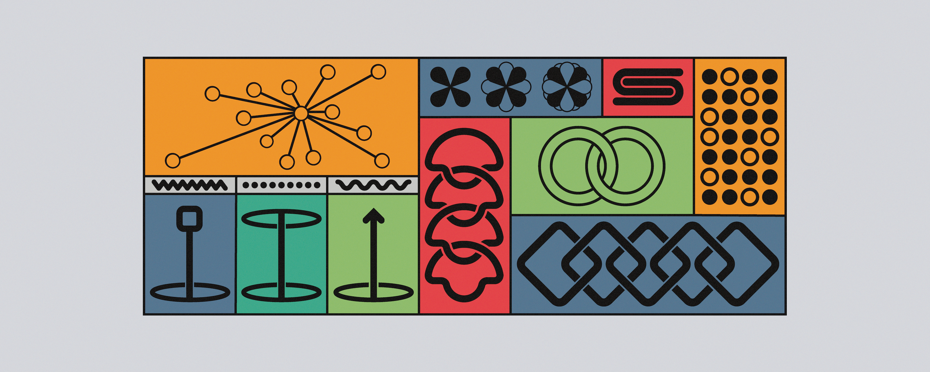 Coloured graphics and symbols positioned within rectangles