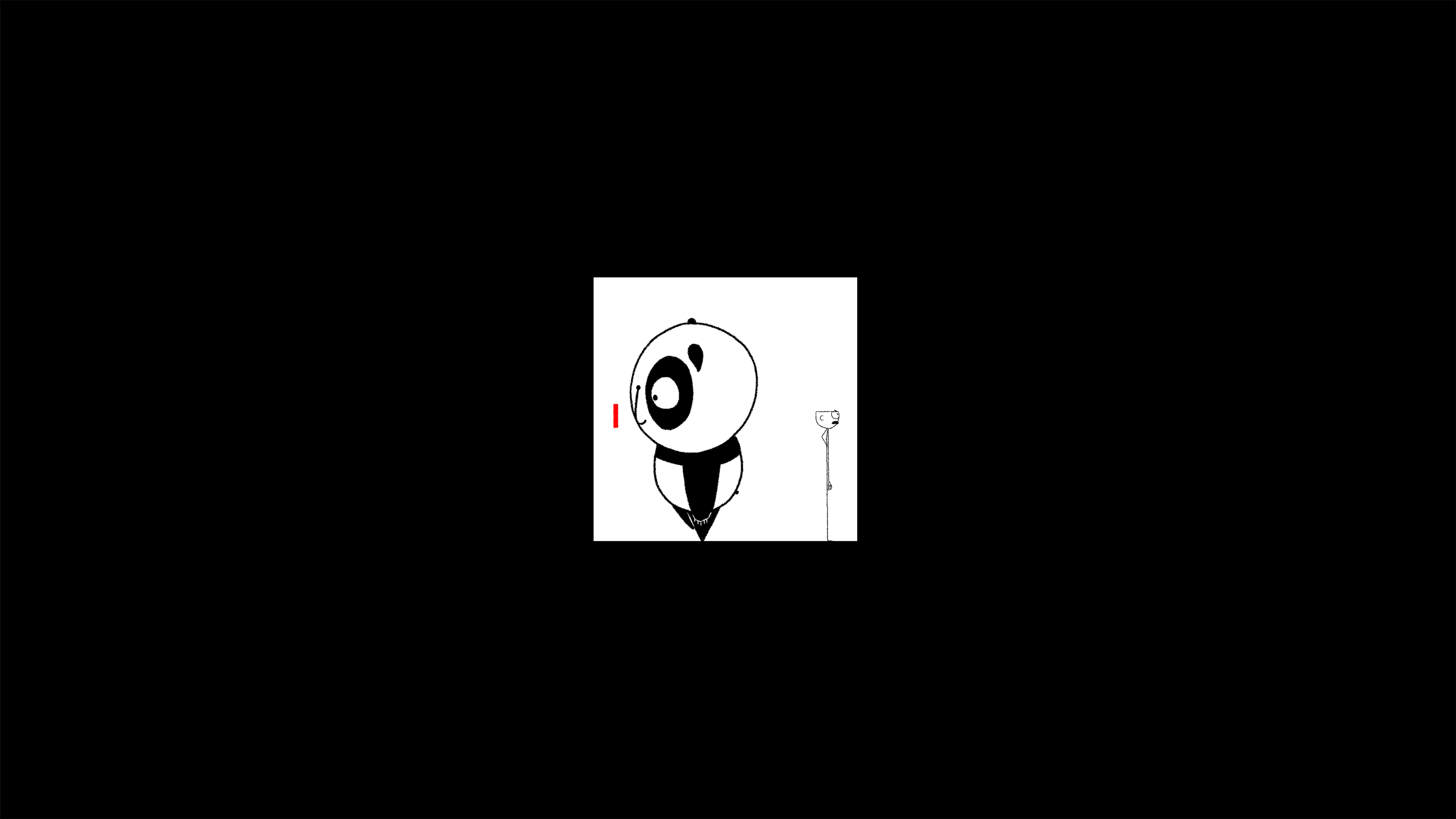 Still from animation, with illustrated panda and illustrated stick man facing away from each other