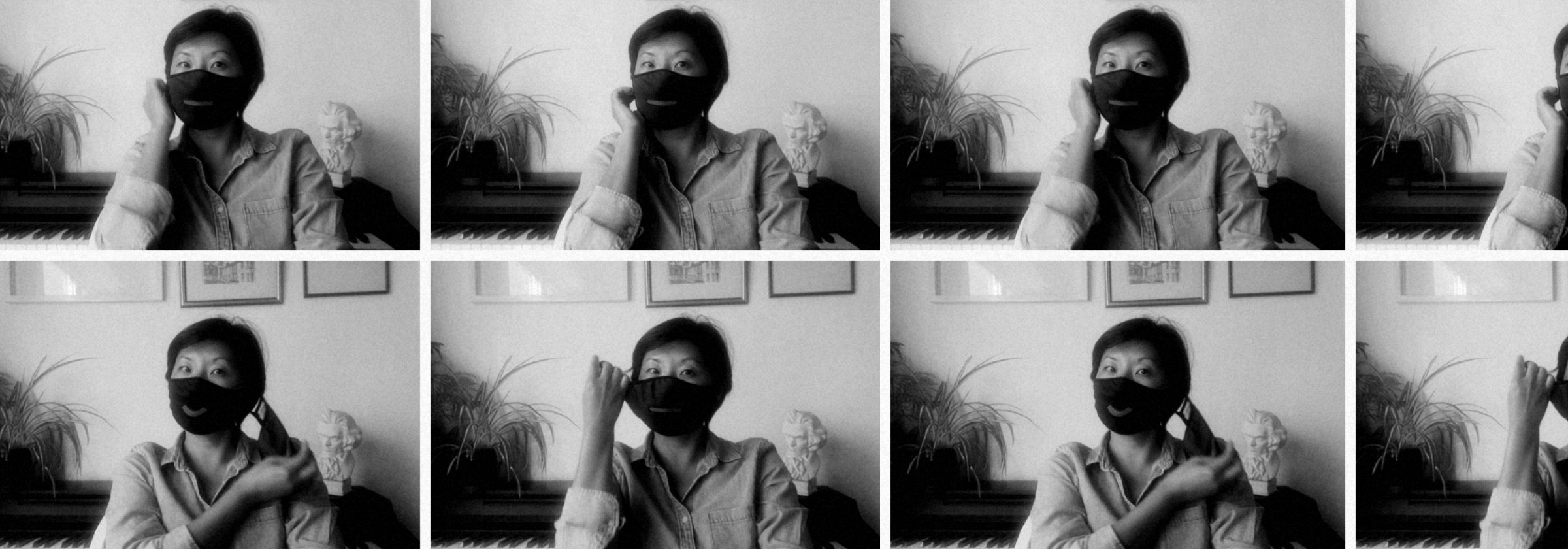 6 photos of Beatrix Ong MBE wearing a face mask