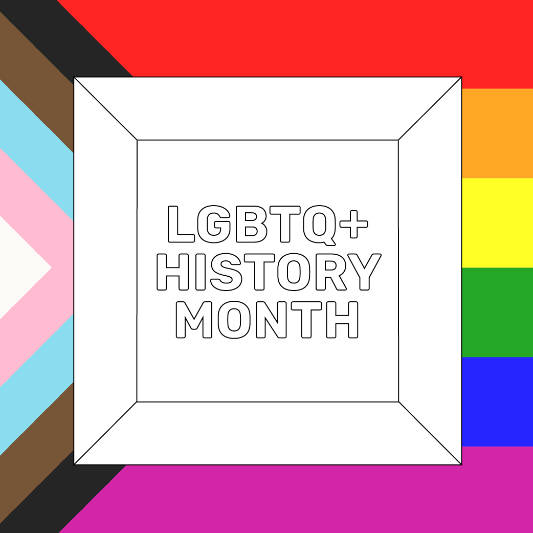 Illustration of Pride flag with a white box and text saying 