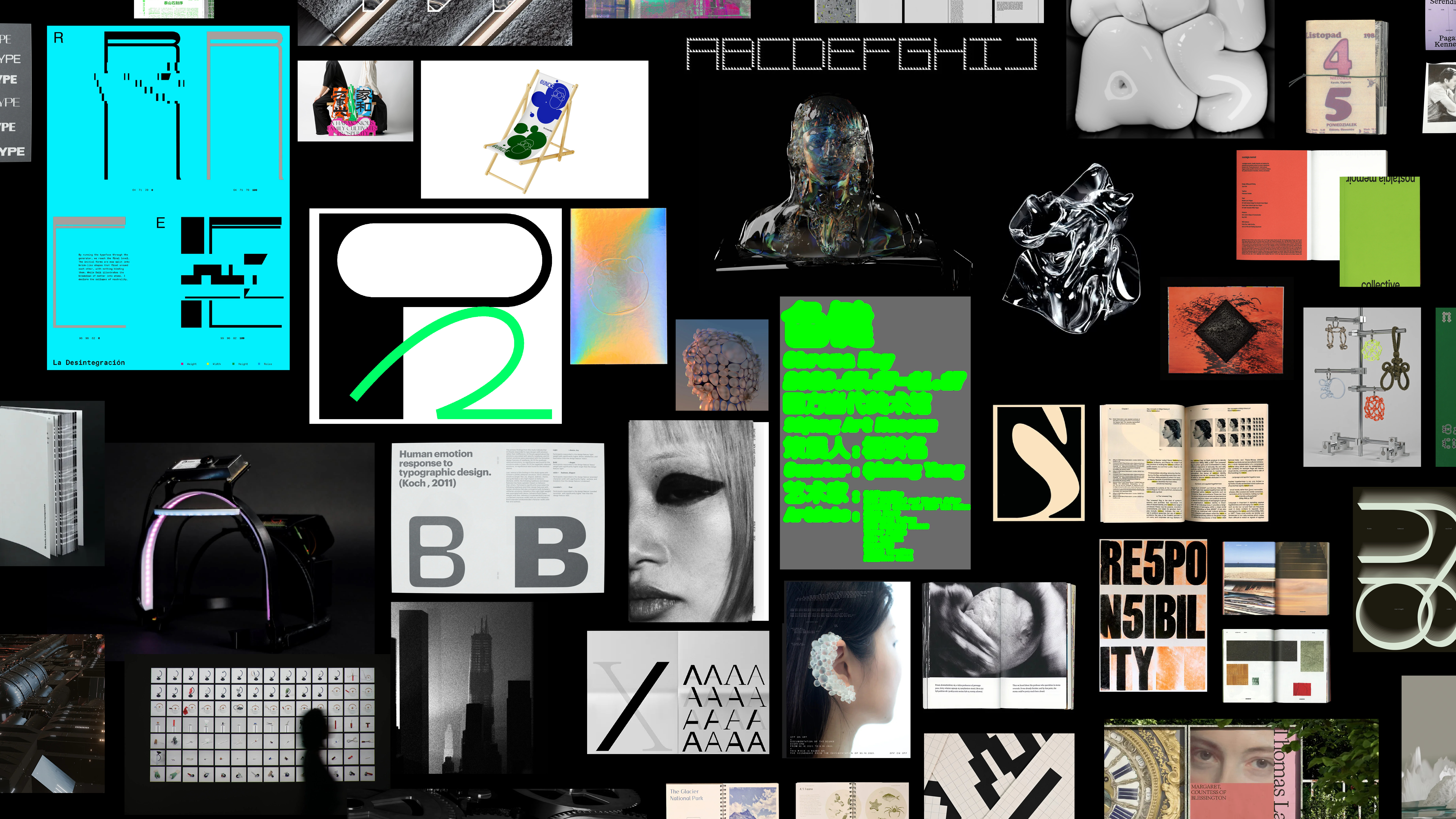 A selection of student graphic designs, against a black background.