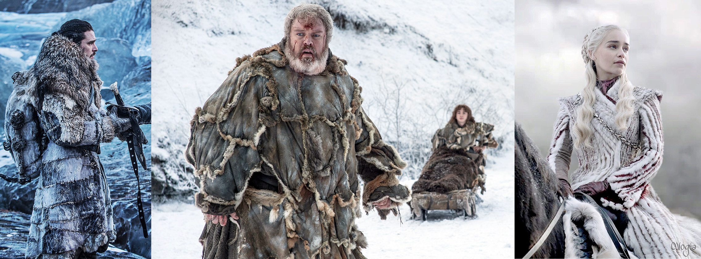 Three different characters from tv series game of thrones wearing different costumes in the snow