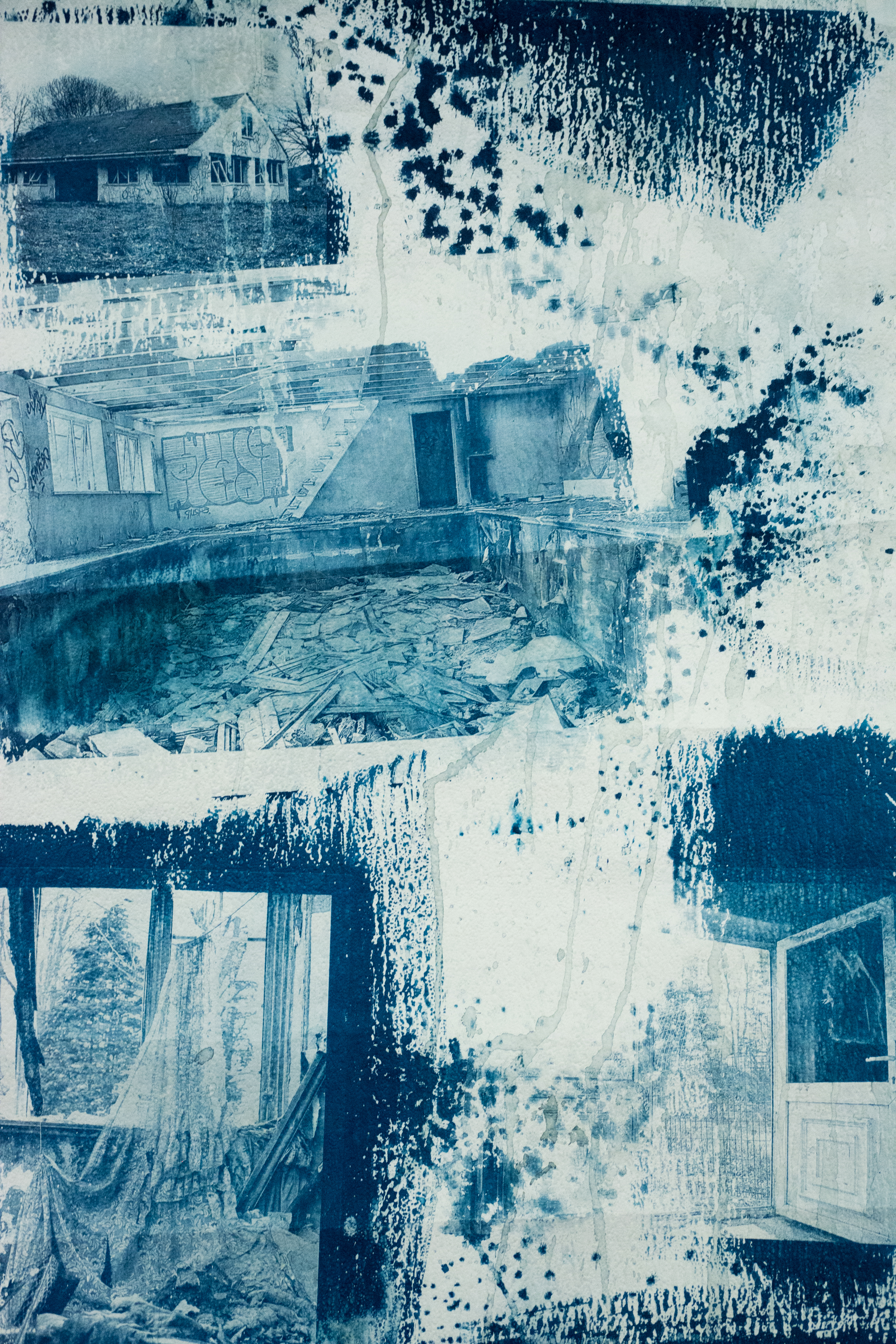 Blue and white ink and print on paper