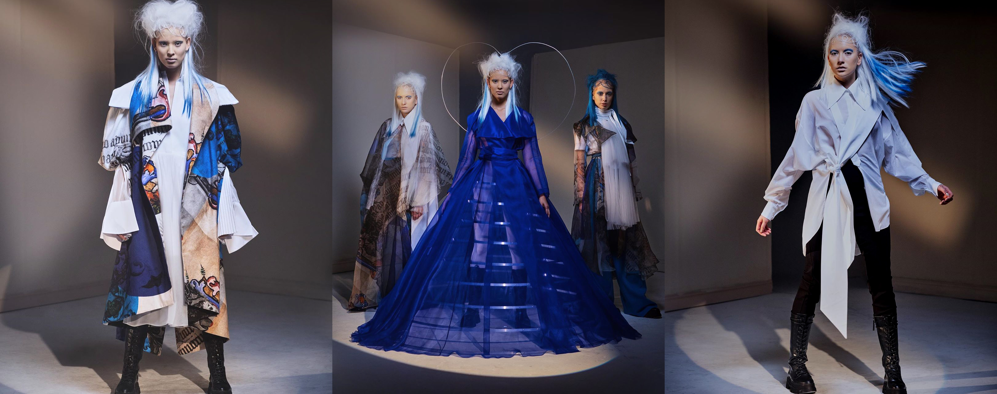 Three models wearing Nabil El Nayal collection 2020
