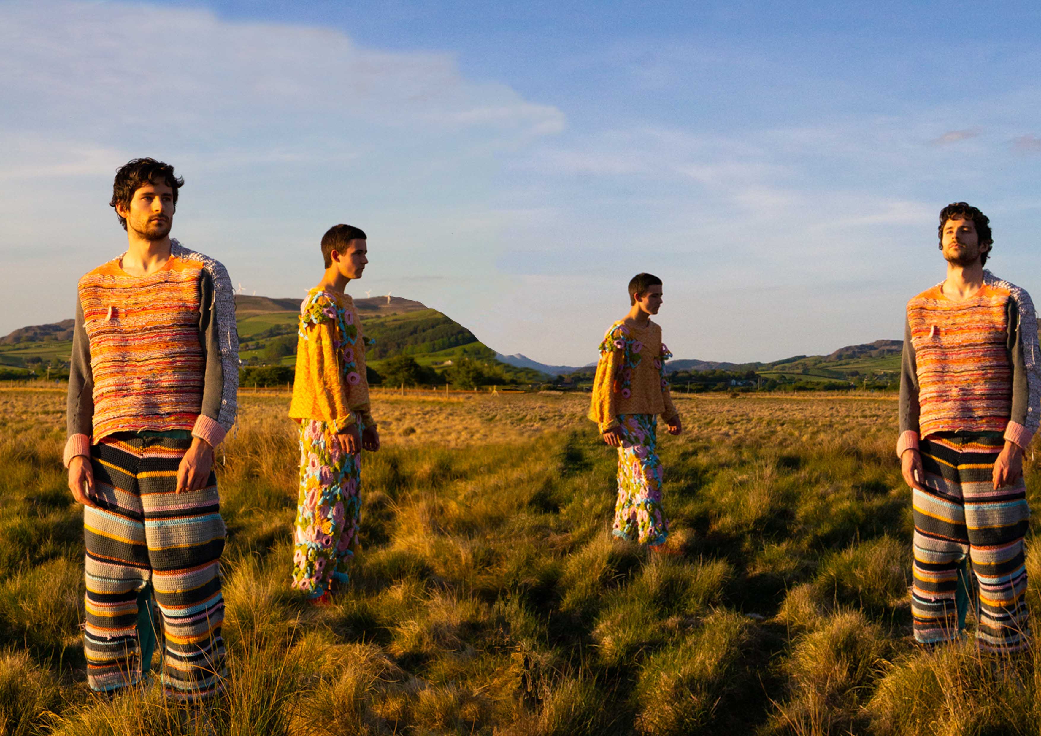 Photo-montage of people in countryside wearing colourful knitwear