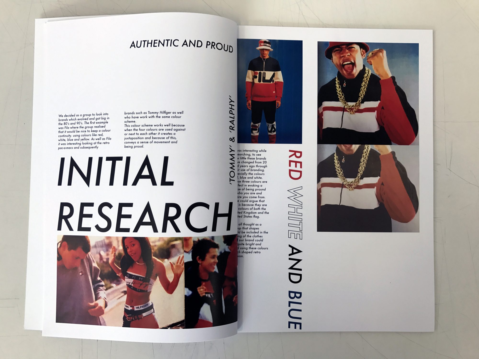 pages from a zine, displaying 'initial research' into the colours, red, white and blue