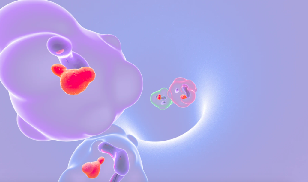 Virtual liquid bubbles against a lavender background in a scene from a 3D game