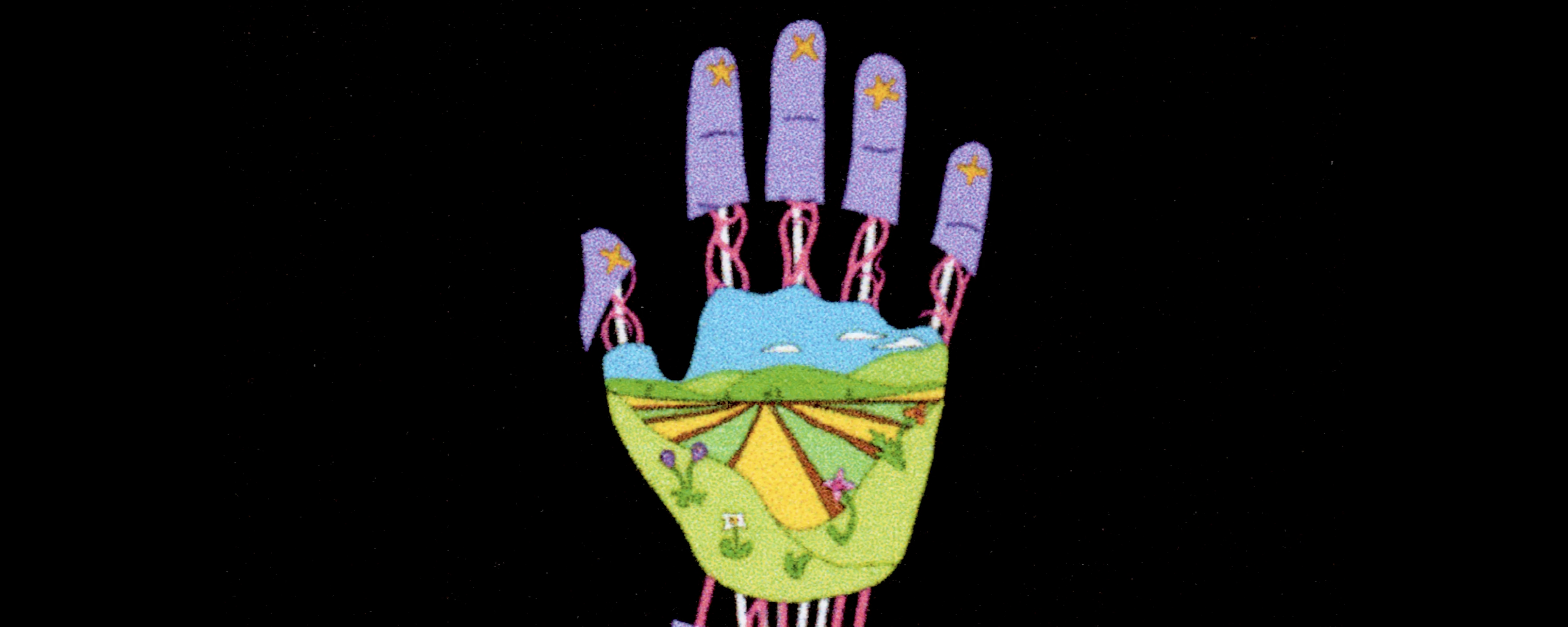 Still from a student animation, showing a hand, with a landscape drawing over the palm and purple fingers.