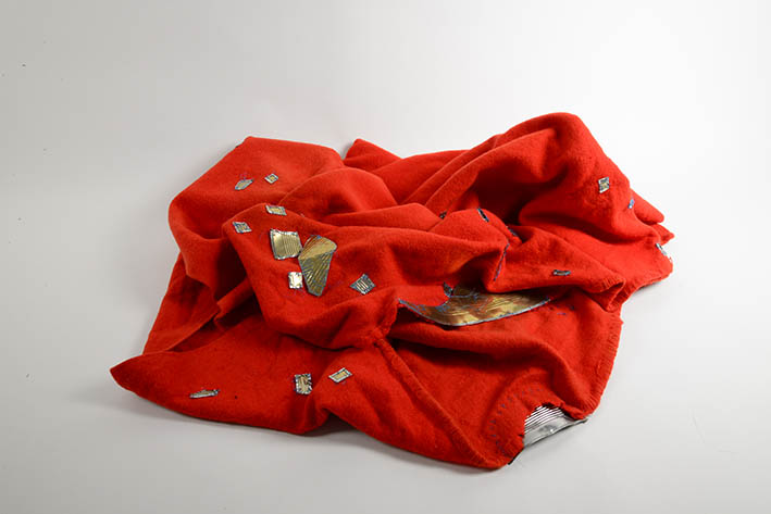 Red Blanket (2013) Blanket, tin, nylon, work by Bridget Harvey