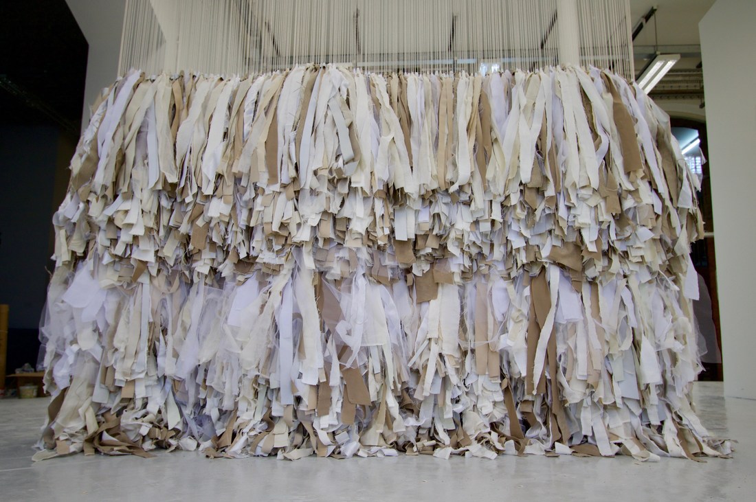 Steffy-Luise Dyer – 3,375 Rye Knots  Recycled textiles, warehouse residue, studio residue, string, wood, nails, 179 hours 59 minutes 195CM X 290CM