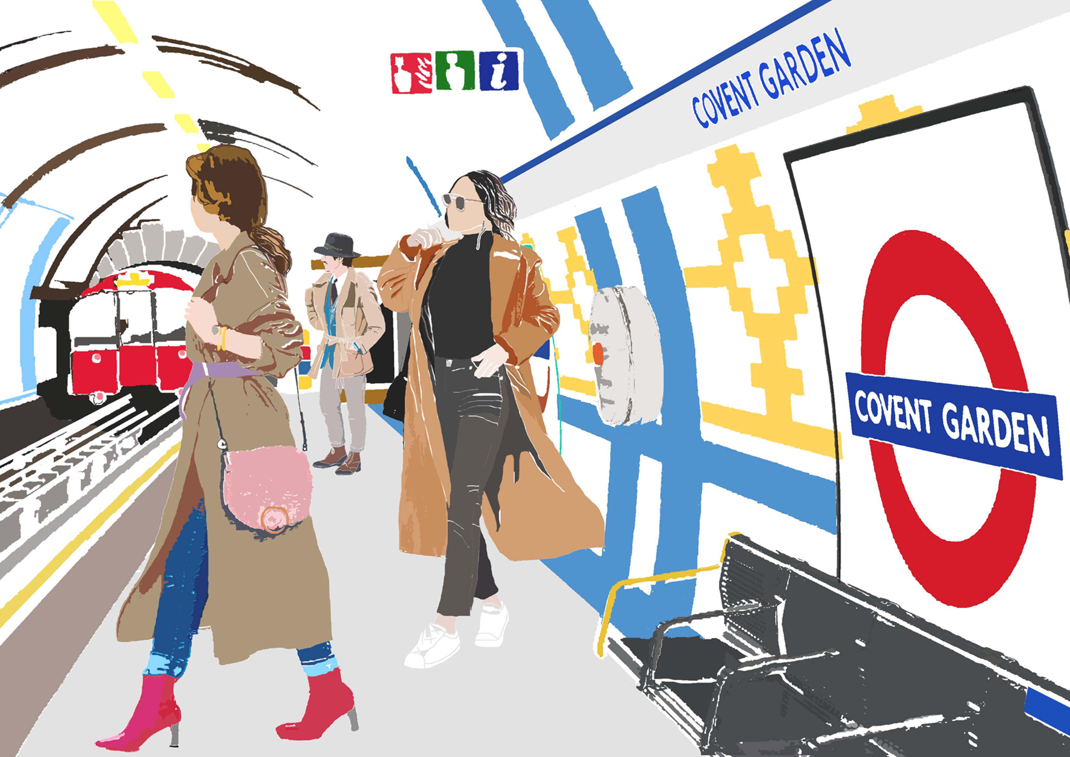 An illustration of the inside of Covent Garden tube station, illustrated by the brand Njeri illustrated. 