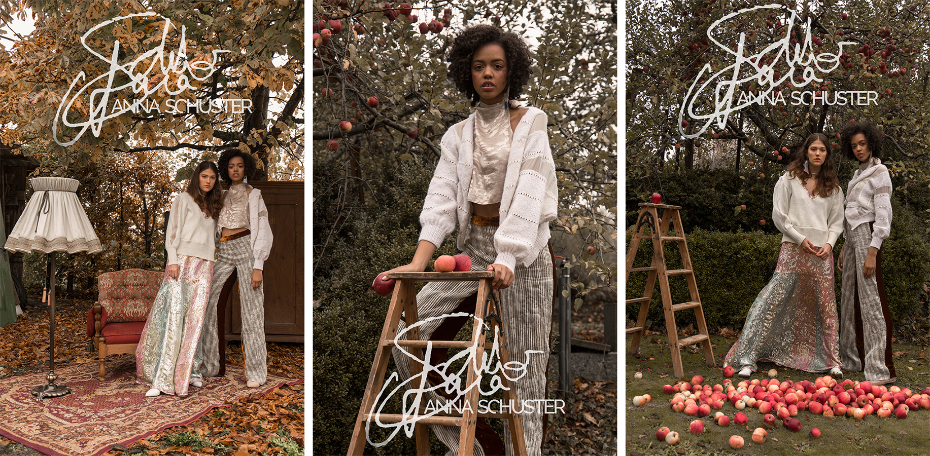 Multipe images of two models standing in an autumnal field 