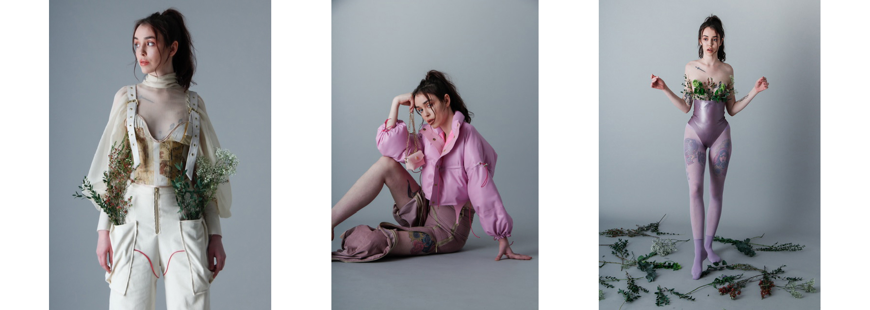 Three images combined of a model wearing pink clothing with ivy entwined