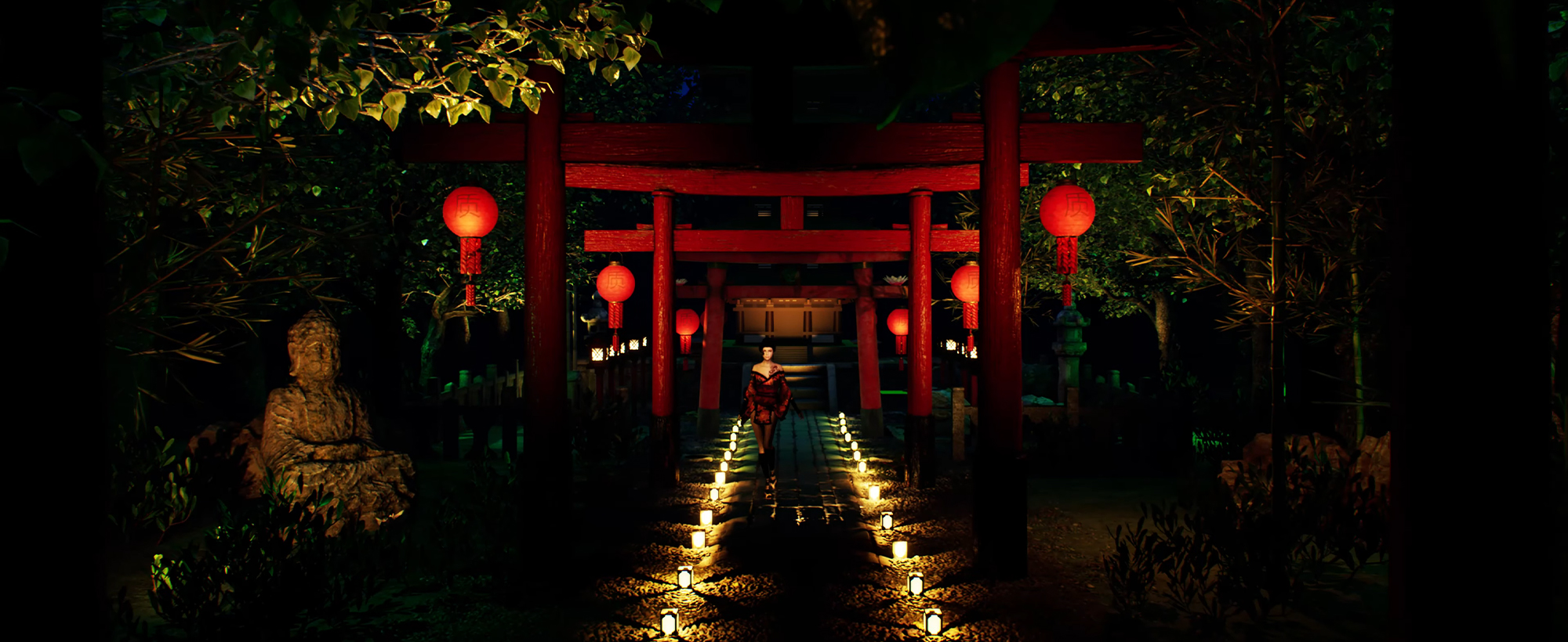 A character in a black and red dress in a night time oriental setting walking towards the viewer.