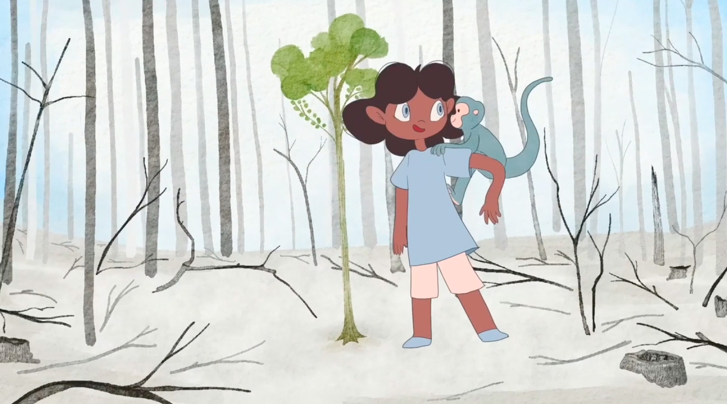 Animated still of a girl and a monkey planting a tree.