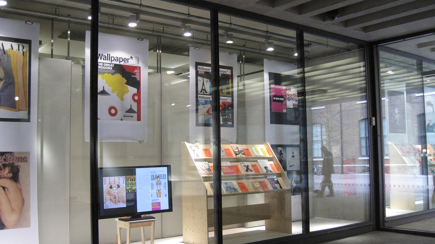 Exhibition on editorial design in the window galleries.