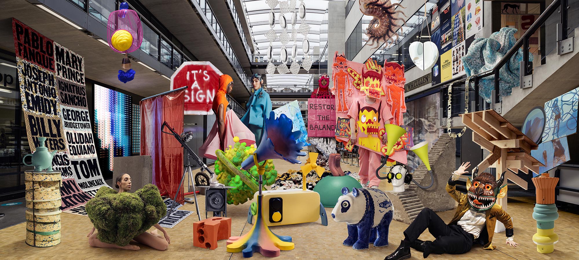 Composite image bringing colourful pieces of work into the Central Saint Martins' building