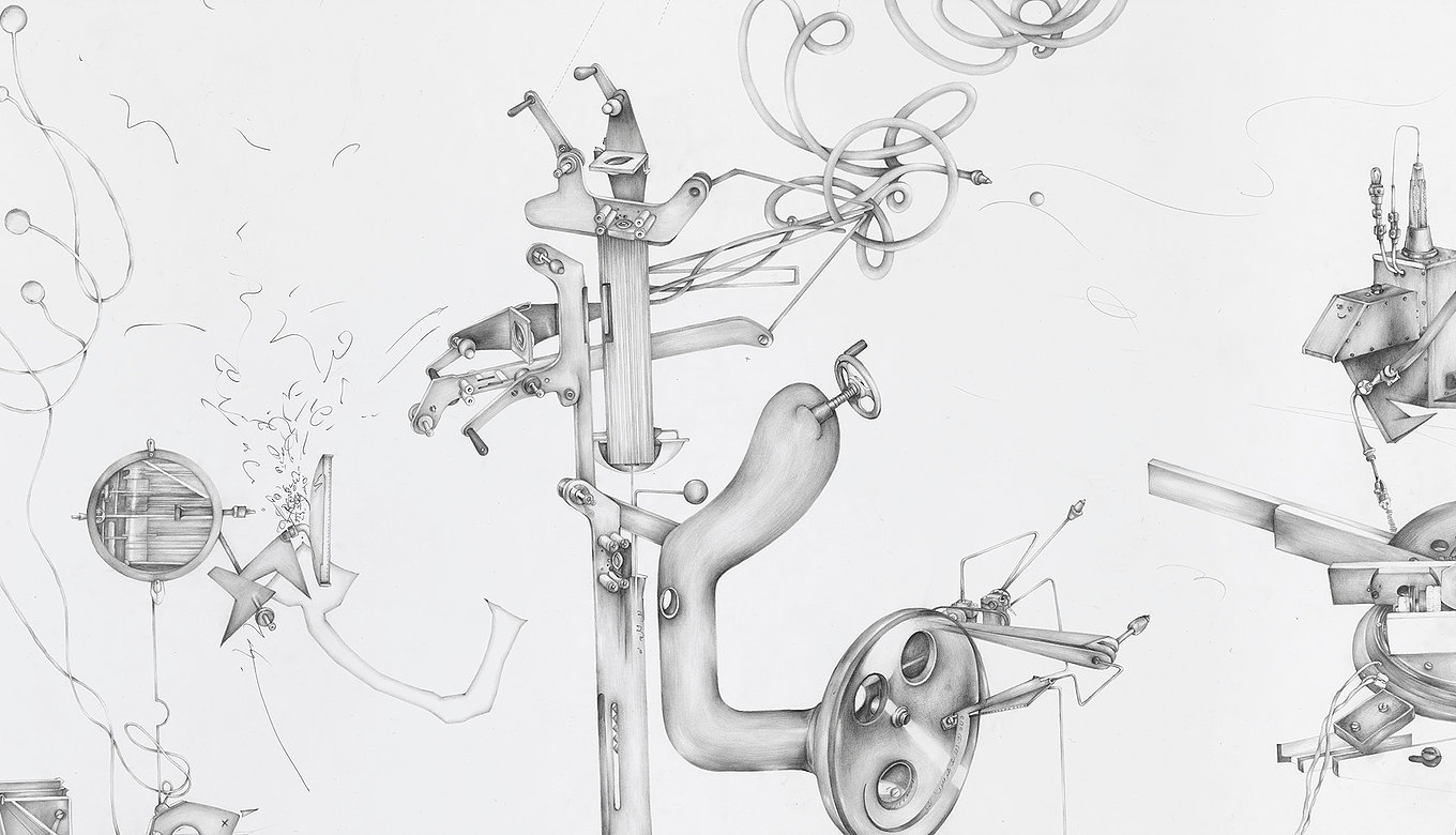 A detail of a pencil drawing of abstract machine parts