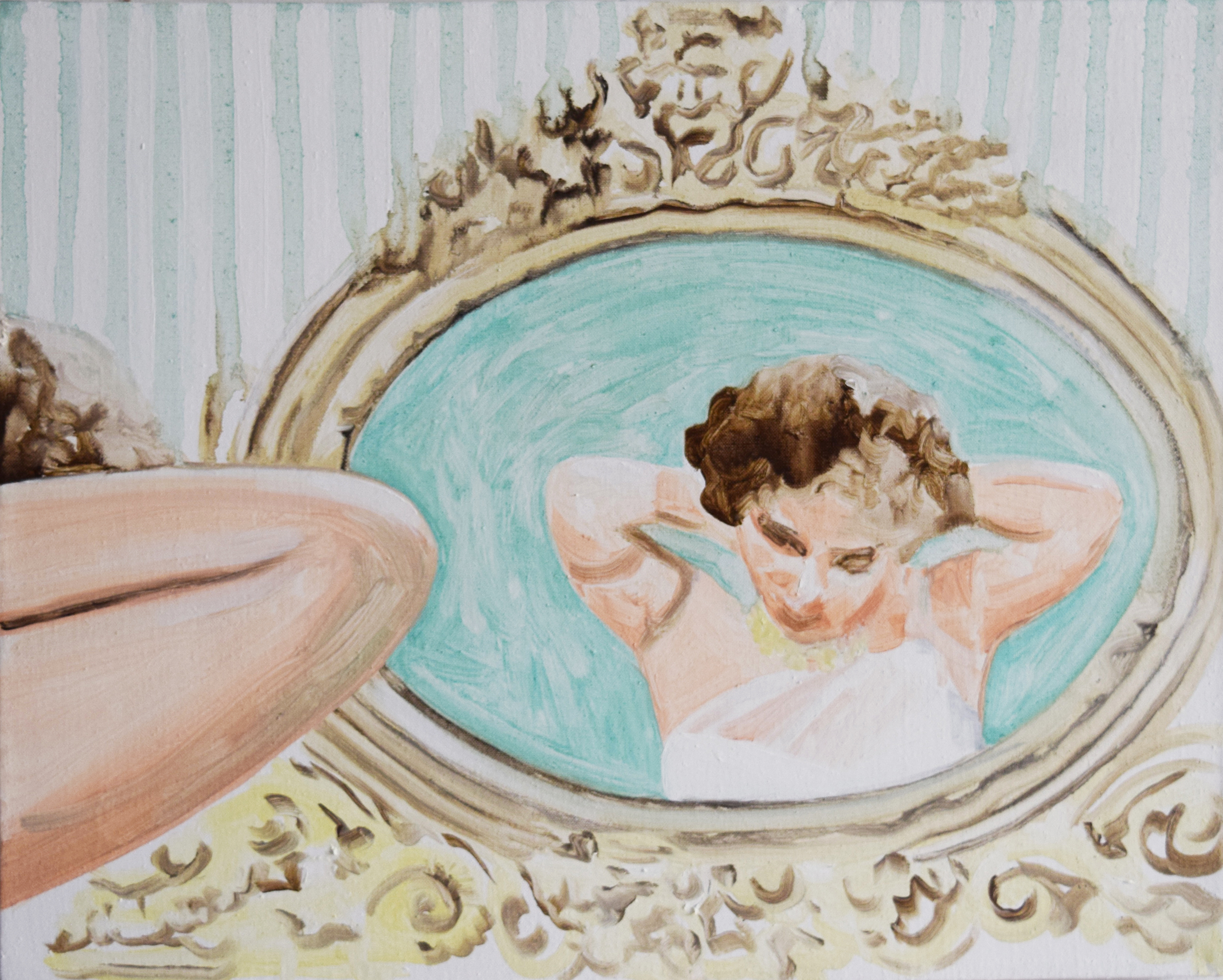 A painting of a woman's reflection in a mirror, getting dressed