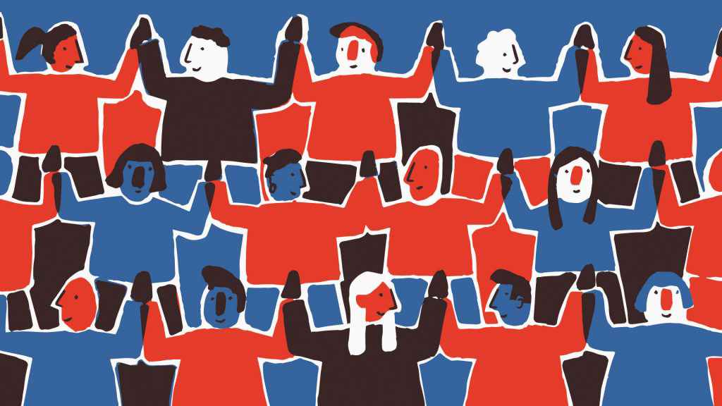 A red and blue graphic which illustrates figures holding hands, representing the theme of collaboration.