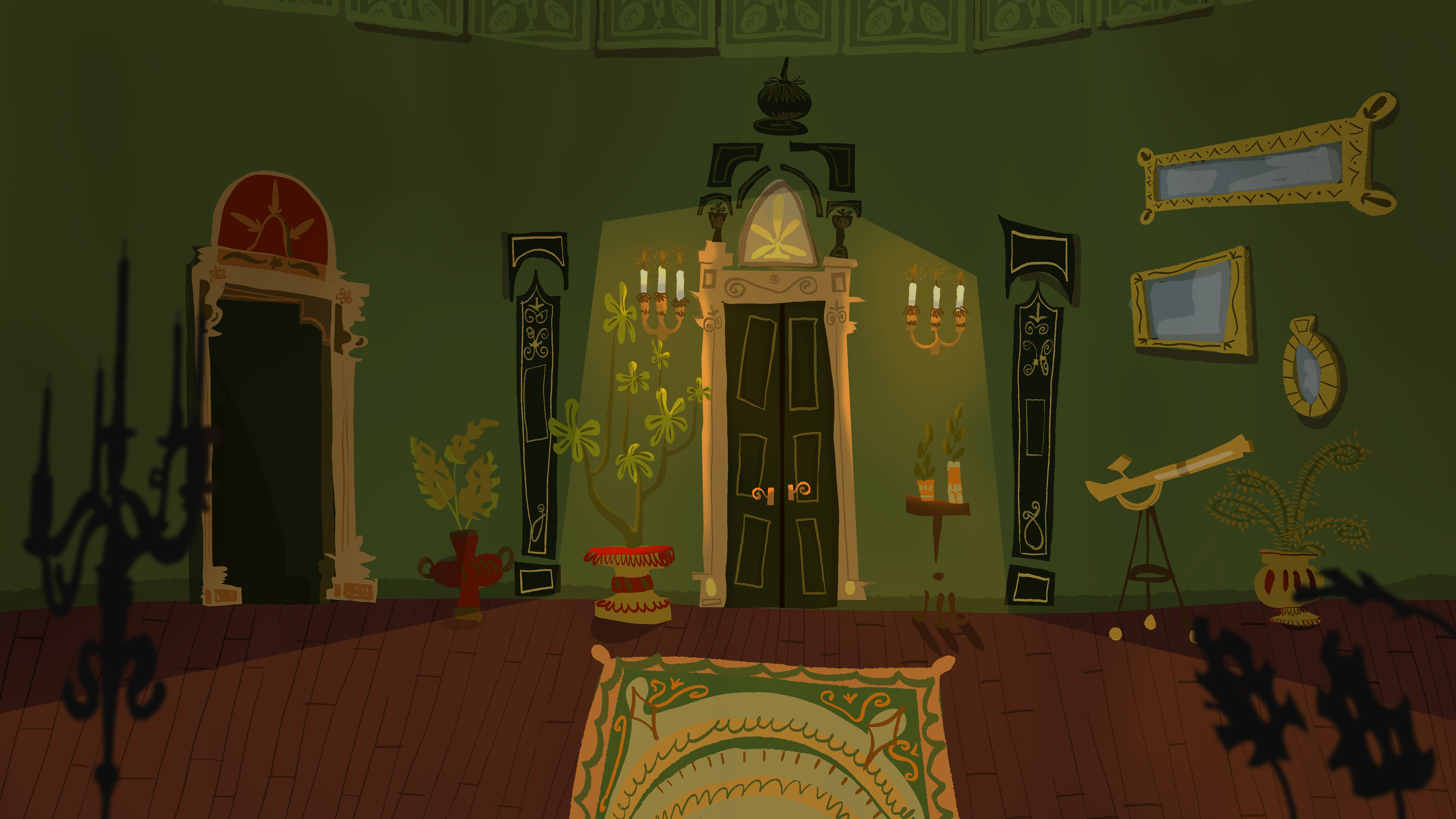 Digital drawing of interior in almost a cartoonish illustration style by Hannah Seddon - BA Production Arts for Screen.