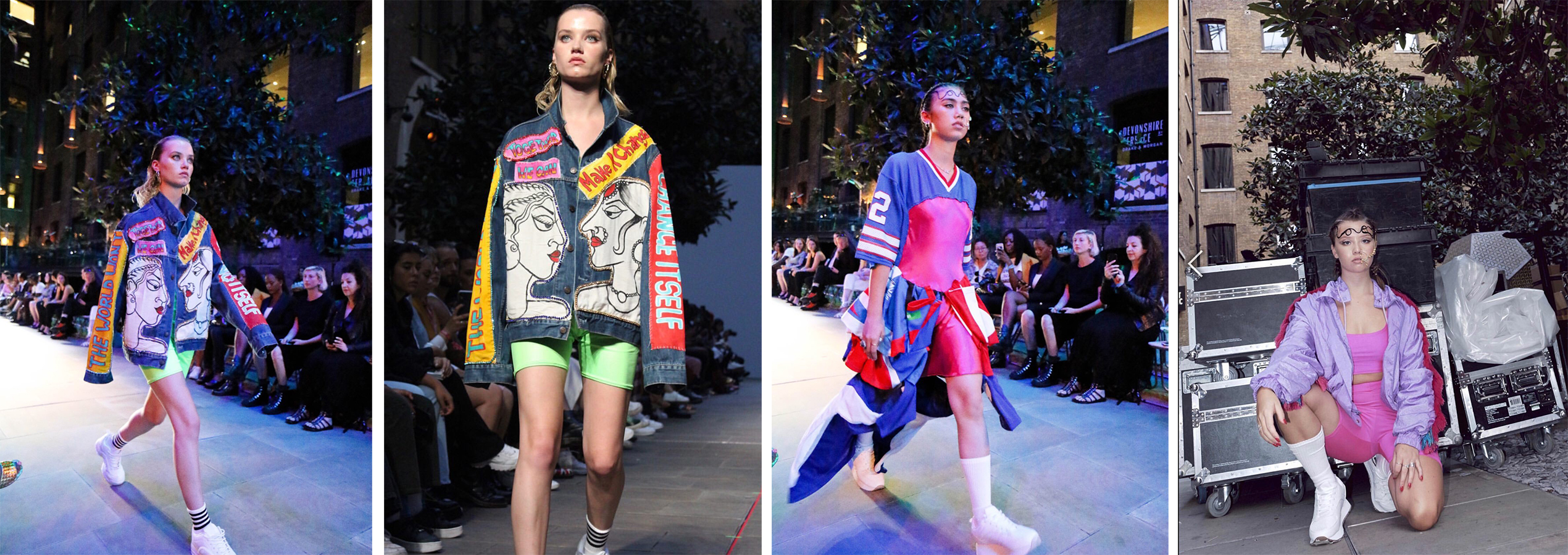 Models walking on catwalk wearing brightly coloured sportswear
