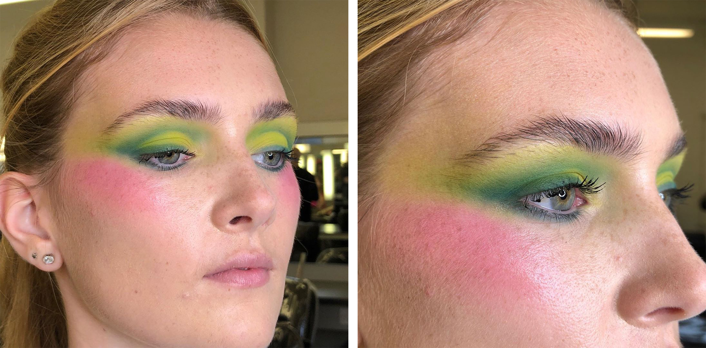 Student with green and yellow striking eyeshadow on