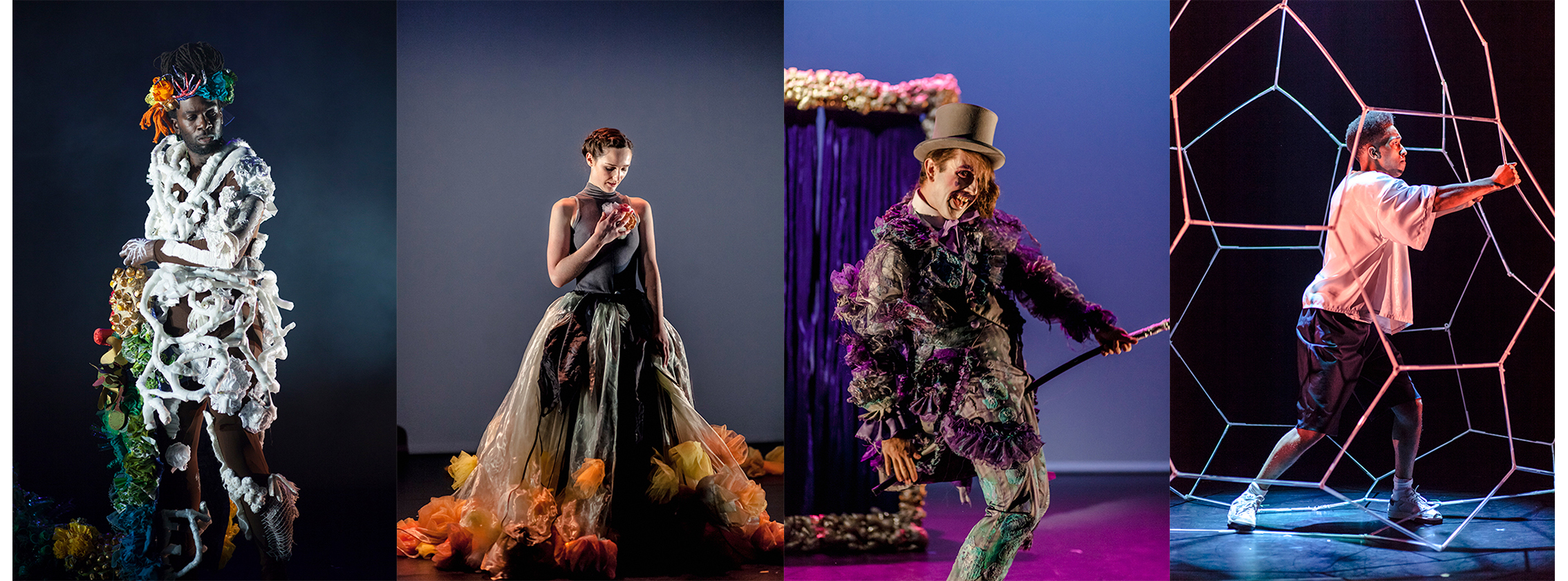 Various costumes designed by LCF students from MA Costume Design for Performance
