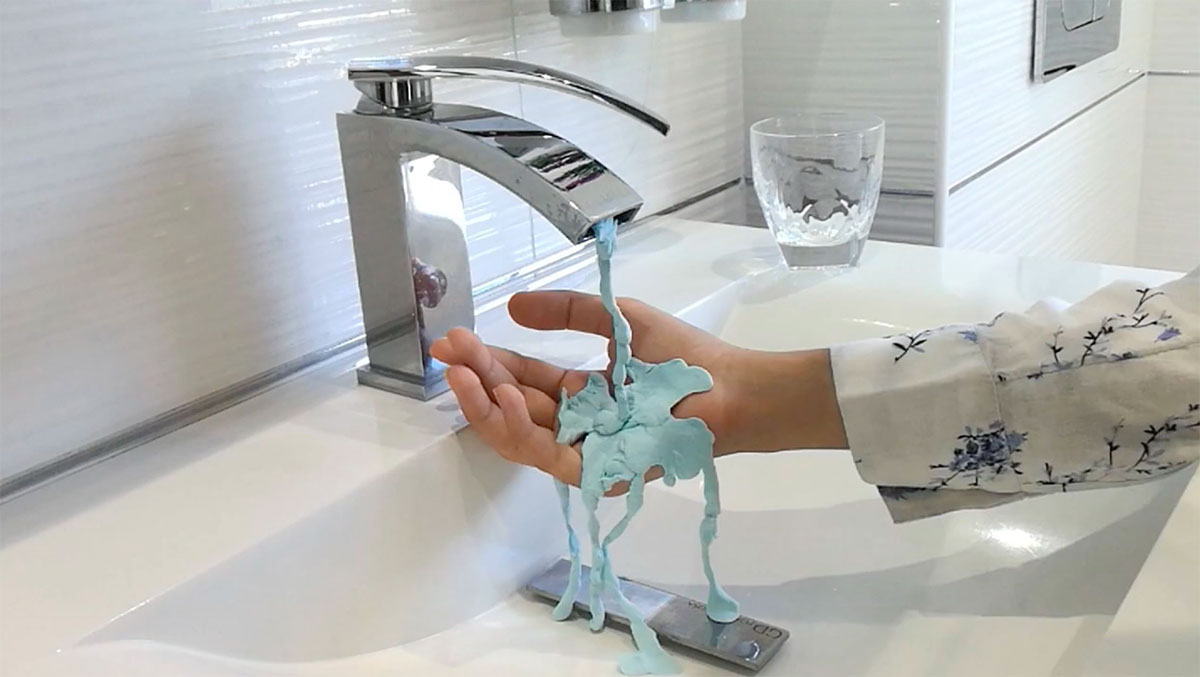 A still from Hinna's animation depicting clay 'water' in a sink.