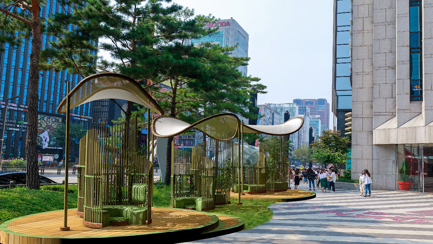 Concept art of a bamboo calm zone in a busy city centre.