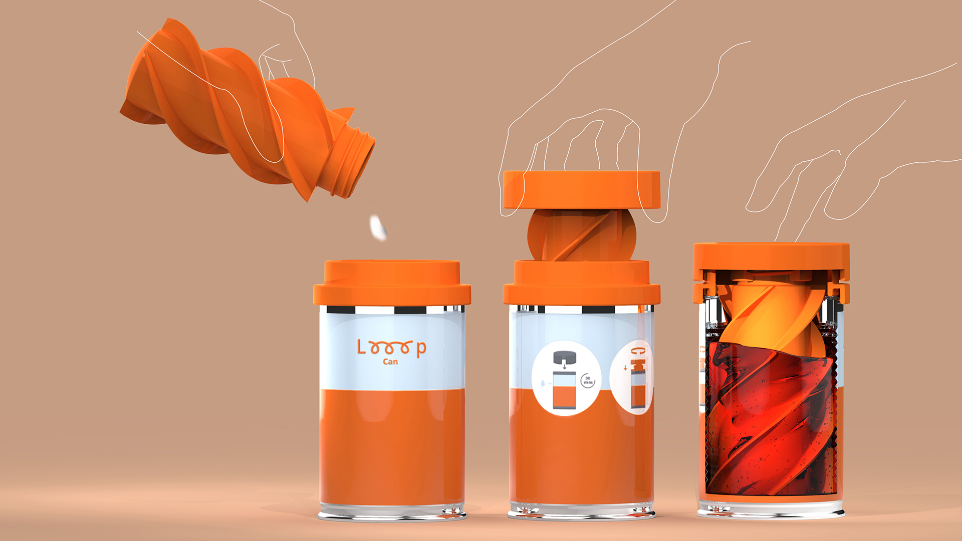 CAD image of three orange tins with liquid being poured in