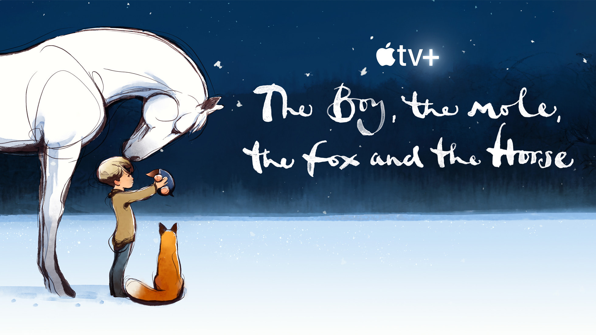 A classically animated boy, fox, horse and mole on snow against a night sky, with the film title in white text.