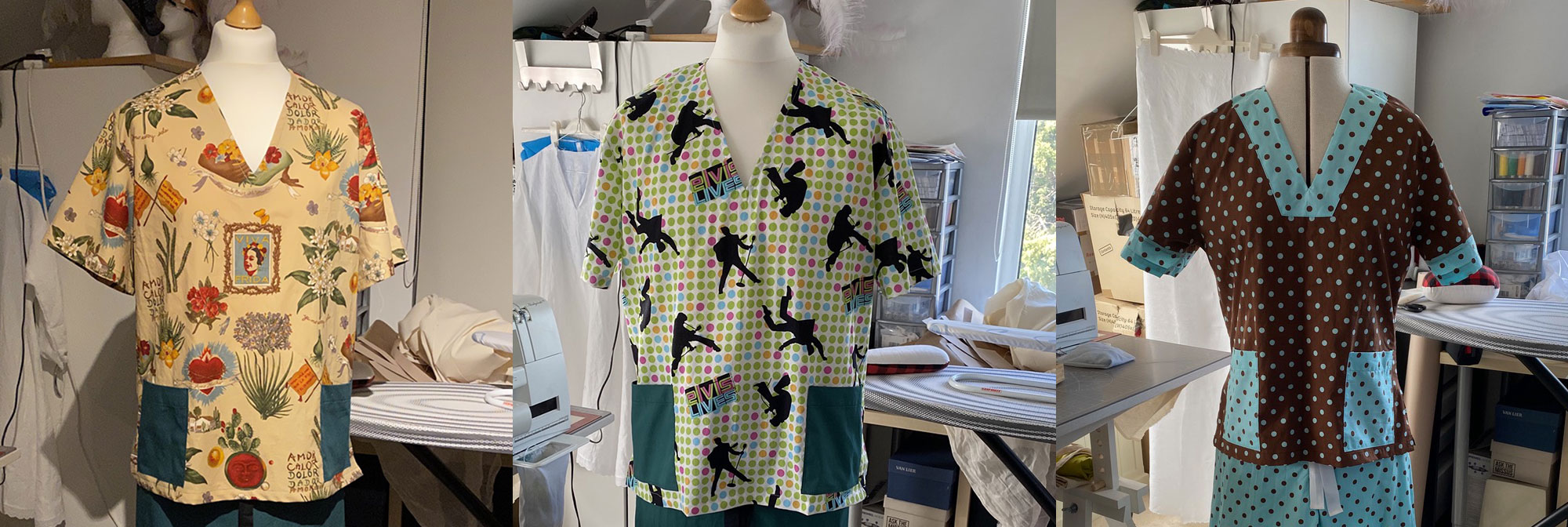 A series of three images of scrubs sewn from colourful patterned fabrics photographed in a sewing studio on a mannequin.