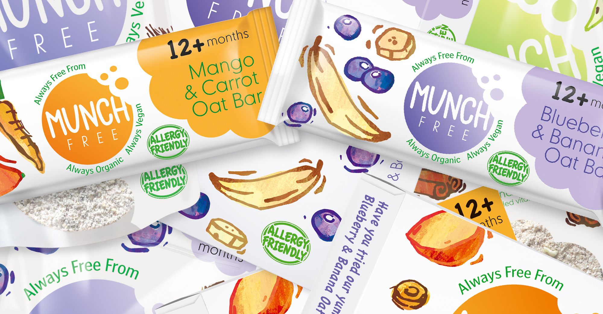 A promotional image of the Munch Free children's snack range.