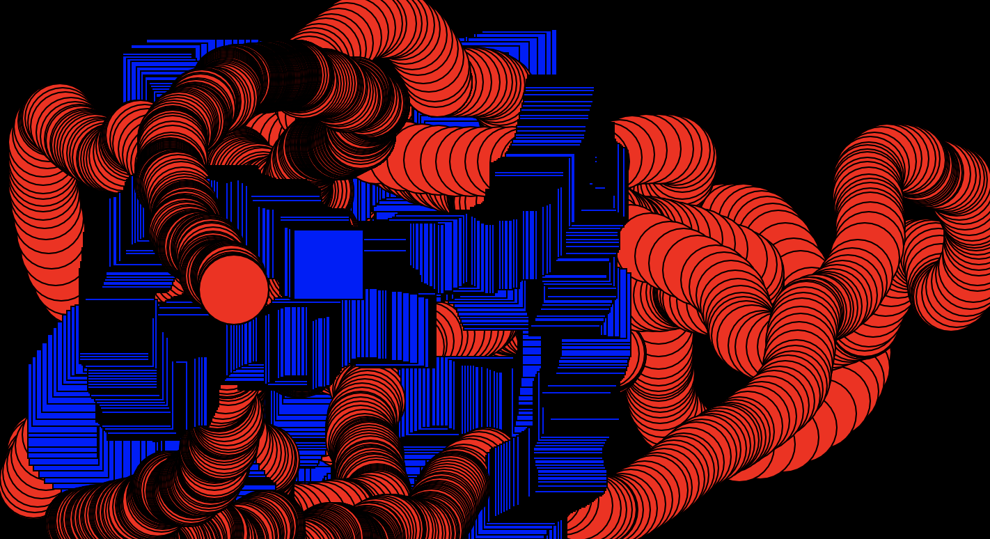 Computer generated abstract image featuring stacked red circles and blue squares on a black background