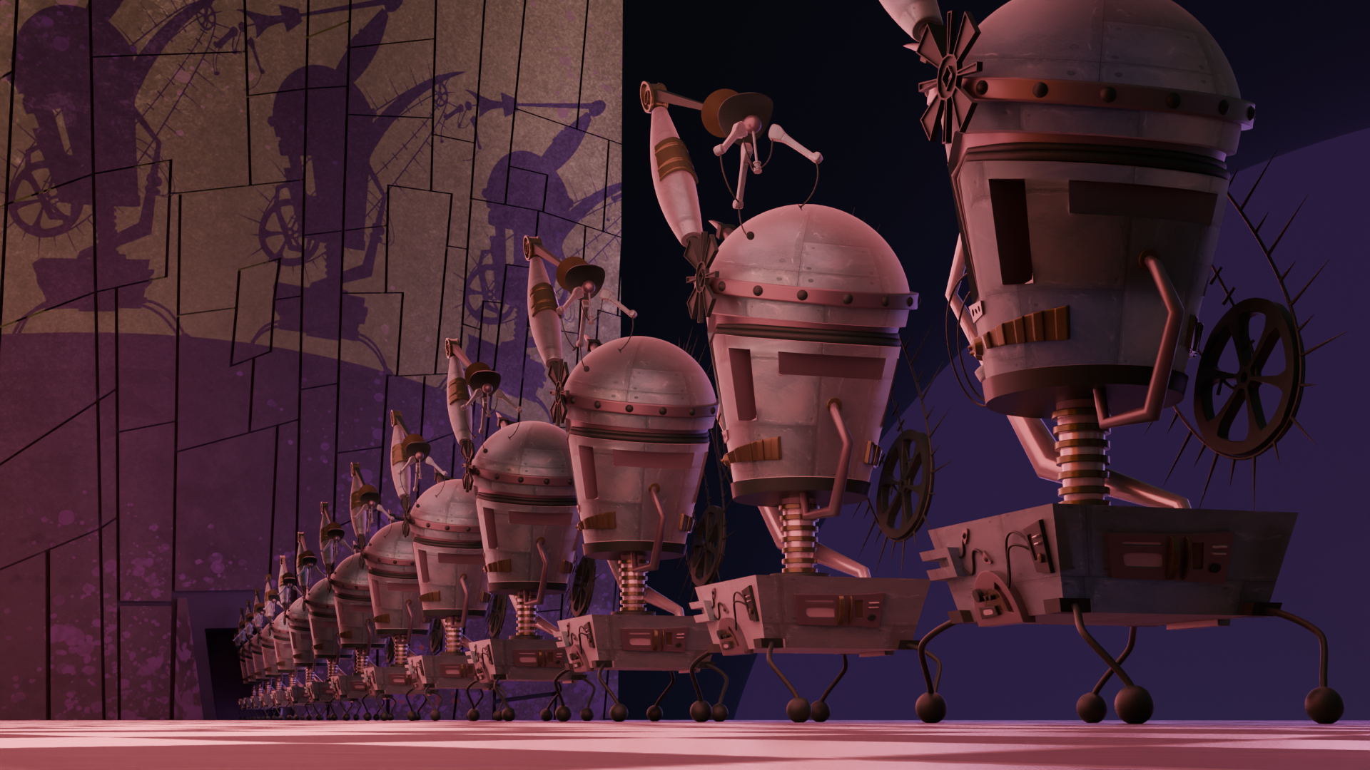 A line of identical cartoonish robots with domed heads and spindly legs walks forward. Their shadows are cast on a geometric wall, creating a dramatic, futuristic atmosphere.
