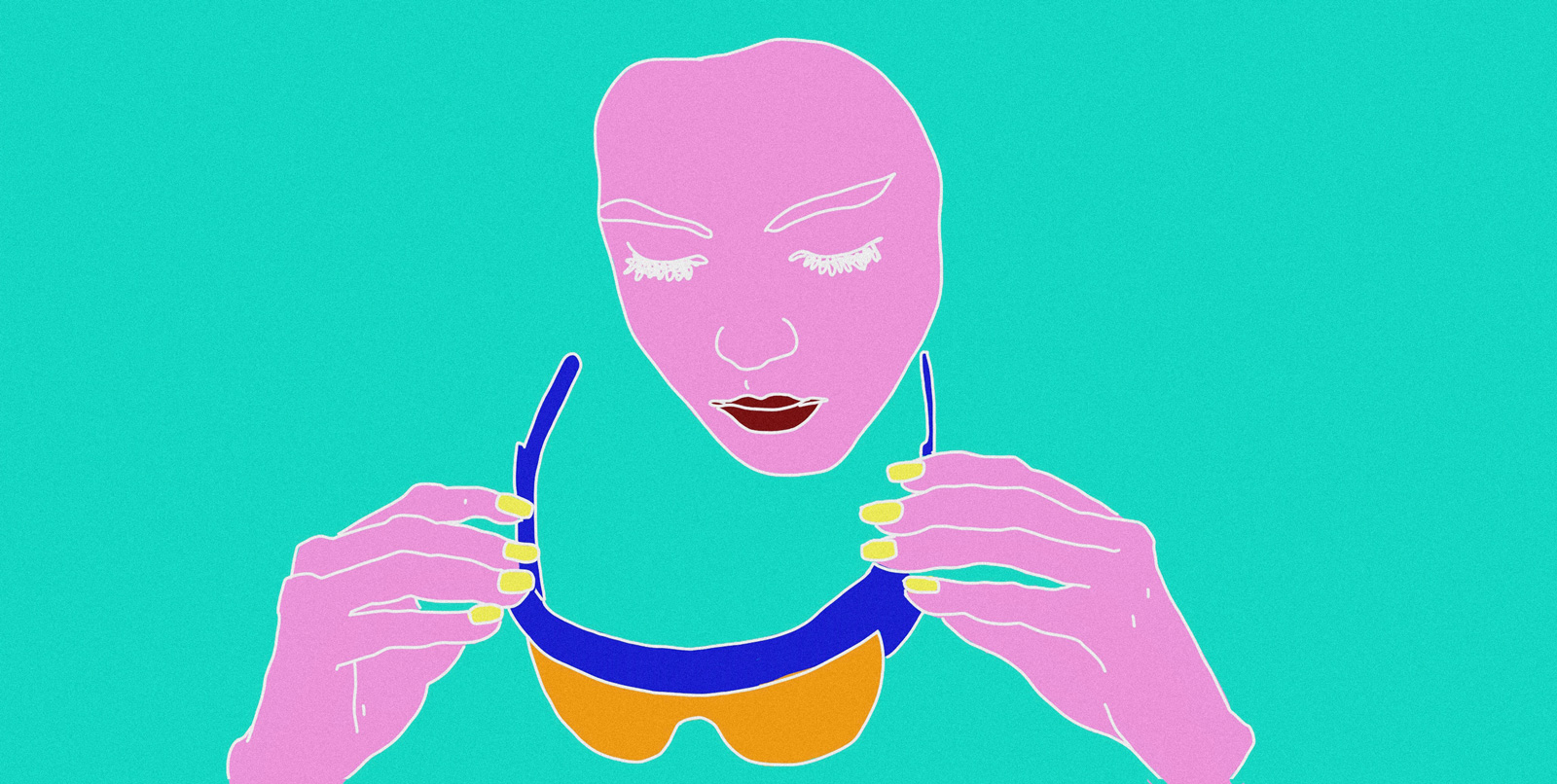 Colourful illustration of someone putting sun glasses on their face, 